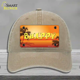 Be Happy Beach Scene Novelty License Plate Hat Unconstructed Cotton / Khaki