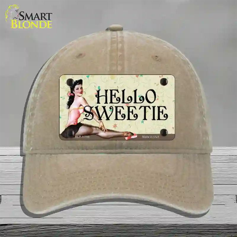 Hello Sweetie Vintage Pinup Novelty License Plate Hat Unconstructed Cotton / Khaki