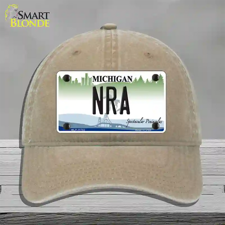 NRA Michigan Novelty License Plate Hat Unconstructed Cotton / Khaki