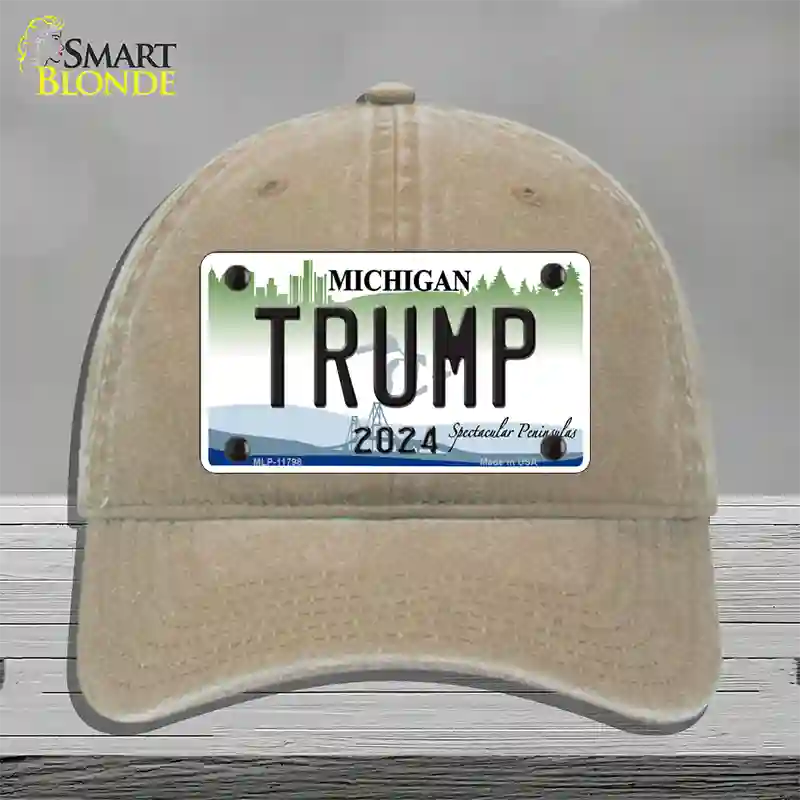 Trump 2024 Michigan Background Novelty License Plate Hat Unconstructed Cotton / Khaki