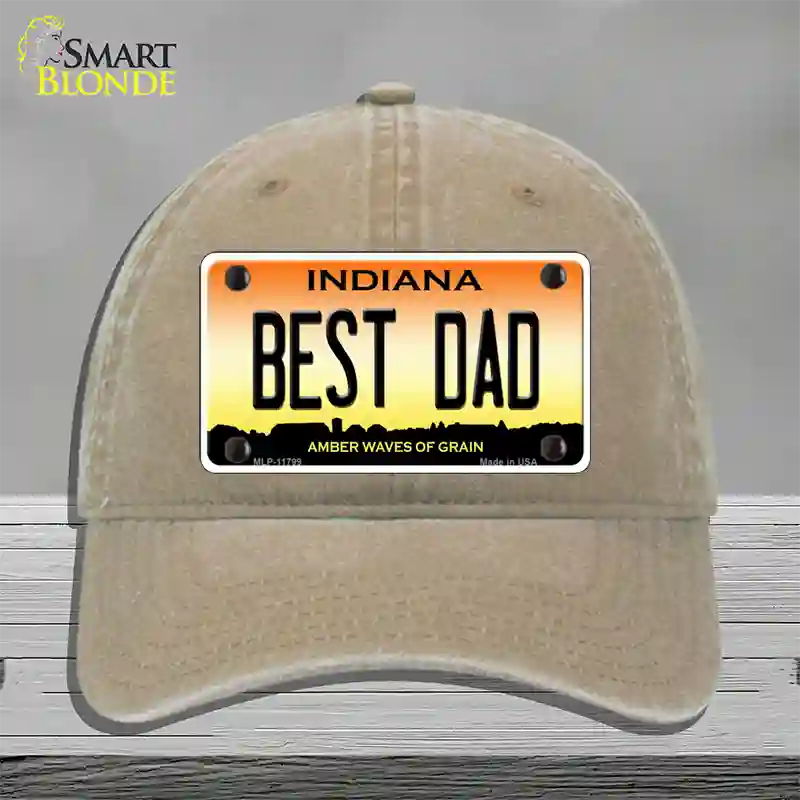 Best Dad Indiana Novelty License Plate Hat Unconstructed Cotton / Khaki