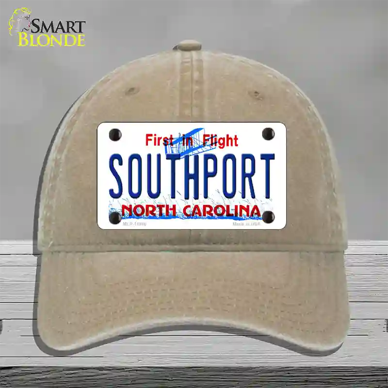 Southport North Carolina Novelty License Plate Hat Unconstructed Cotton / Khaki