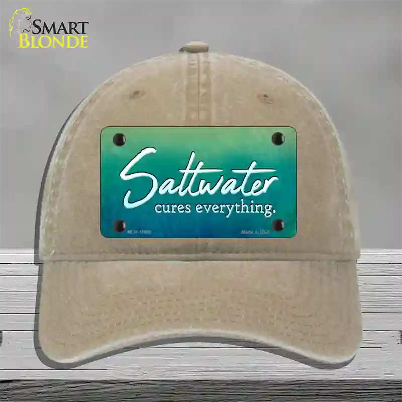 Saltwater Cures Everything Novelty License Plate Hat Unconstructed Cotton / Khaki