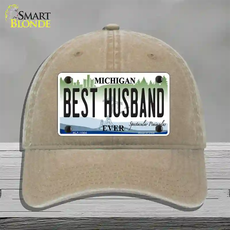 Michigan Best Husband Novelty License Plate Hat Unconstructed Cotton / Khaki