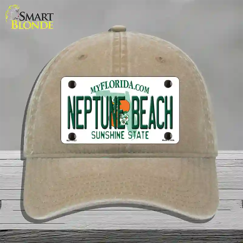 Florida Neptune Beach Novelty License Plate Hat Unconstructed Cotton / Khaki