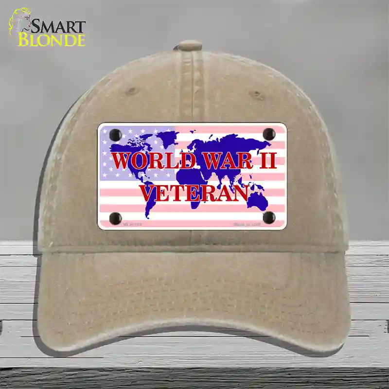 WW II Veteran Novelty License Plate Hat Unconstructed Cotton / Khaki