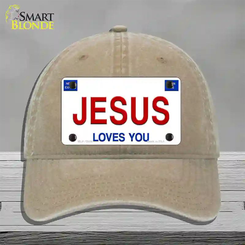 Jesus Loves You Novelty License Plate Hat Unconstructed Cotton / Khaki