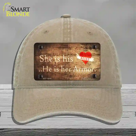 His Heart Her Armor Novelty License Plate Hat Unconstructed Cotton / Khaki