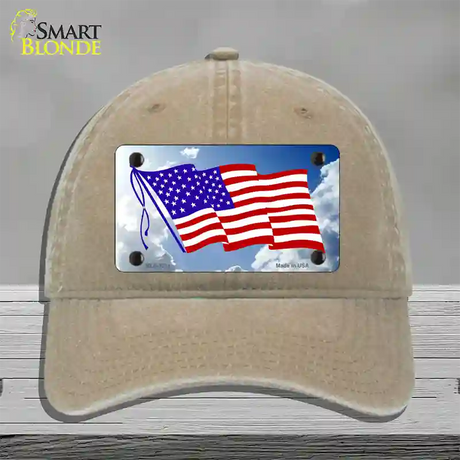 American Flag Cloud Novelty License Plate Hat Unconstructed Cotton / Khaki