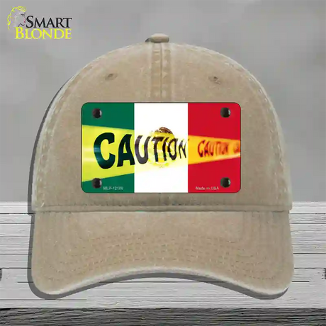 Caution Mexico Flag Novelty License Plate Hat Unconstructed Cotton / Khaki