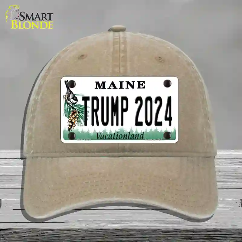 Trump 2024 Maine Novelty License Plate Hat Unconstructed Cotton / Khaki