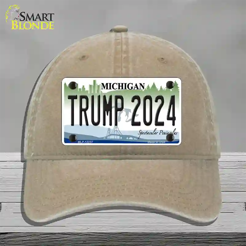 Trump 2024 Michigan Novelty License Plate Hat Unconstructed Cotton / Khaki