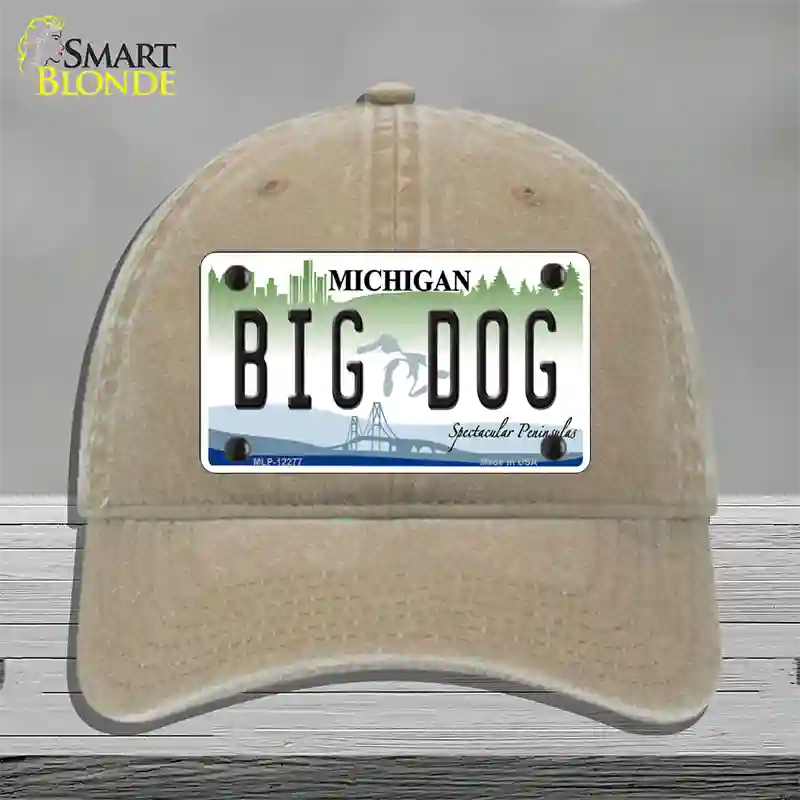 Michigan Big Dog Novelty License Plate Hat Unconstructed Cotton / Khaki