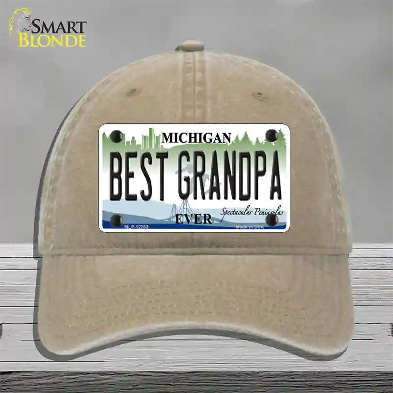 Michigan Best Grandpa Novelty License Plate Hat Unconstructed Cotton / Khaki