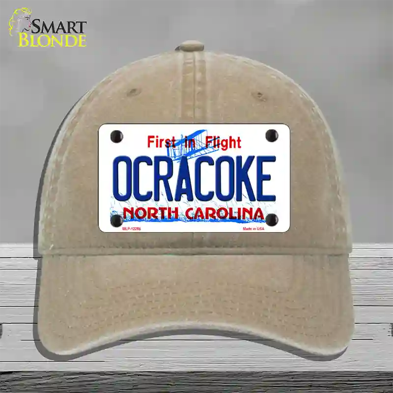 Ocracoke North Carolina Novelty License Plate Hat Unconstructed Cotton / Khaki