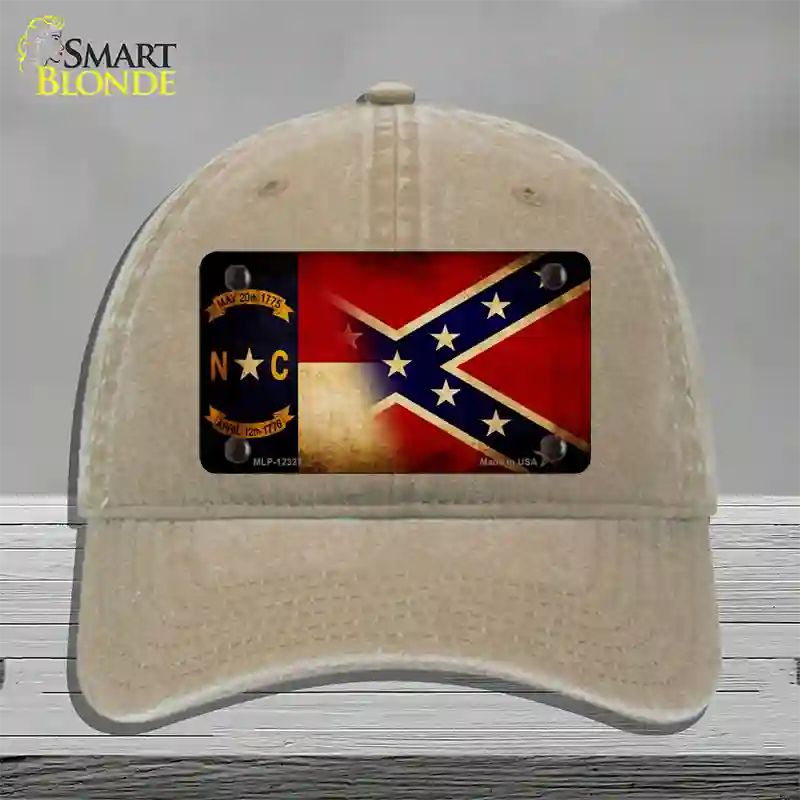 NC | Confederate Flag Novelty License Plate Hat Unconstructed Cotton / Khaki