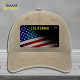 California with American Flag Novelty License Plate Hat Unconstructed Cotton / Khaki