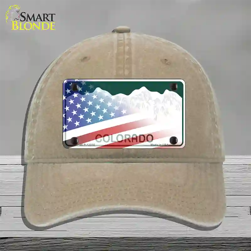 Colorado with American Flag Novelty License Plate Hat Unconstructed Cotton / Khaki