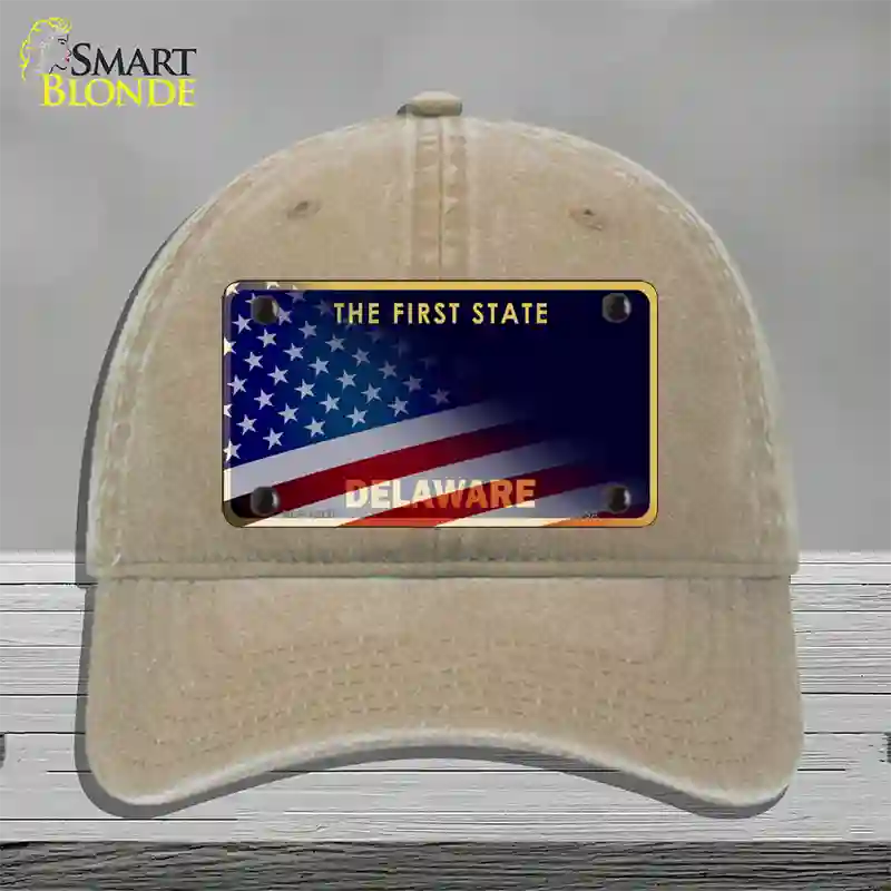 Delaware with American Flag Novelty License Plate Hat Unconstructed Cotton / Khaki