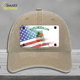 Florida with American Flag Novelty License Plate Hat Unconstructed Cotton / Khaki