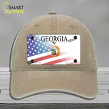 Georgia with American Flag Novelty License Plate Hat Unconstructed Cotton / Khaki