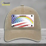 Hawaii with American Flag Novelty License Plate Hat Unconstructed Cotton / Khaki