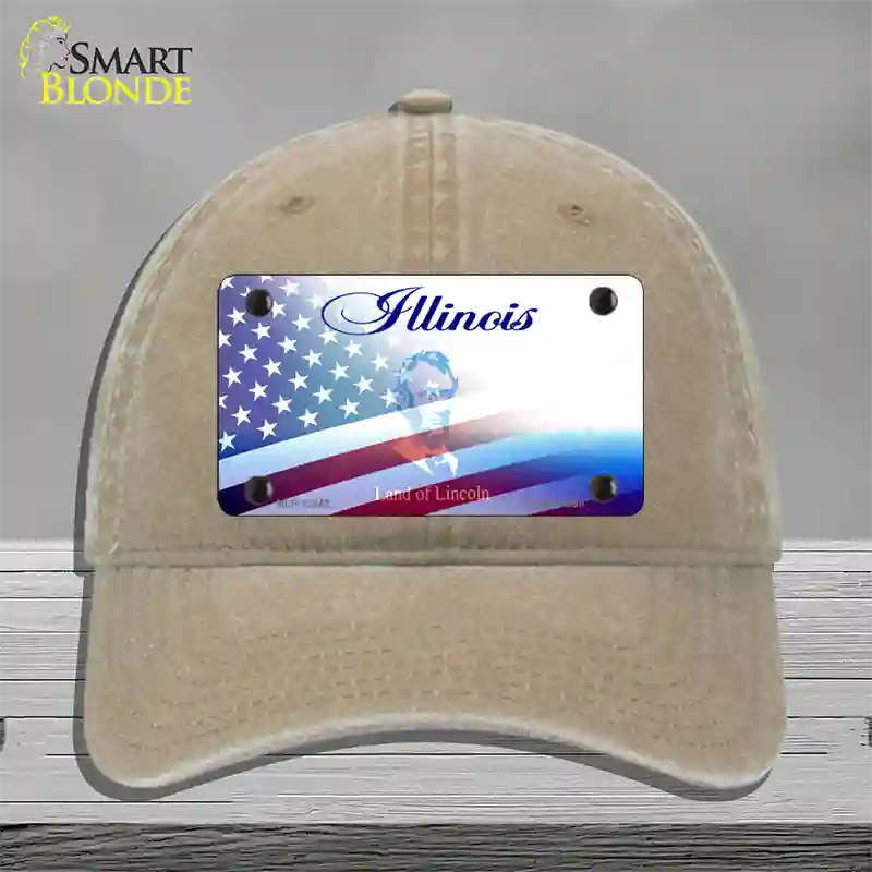 Illinois with American Flag Novelty License Plate Hat Unconstructed Cotton / Khaki