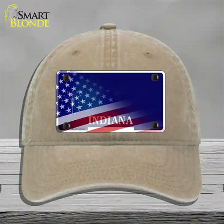 Indiana with American Flag Novelty License Plate Hat Unconstructed Cotton / Khaki