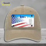 Iowa with American Flag Novelty License Plate Hat Unconstructed Cotton / Khaki