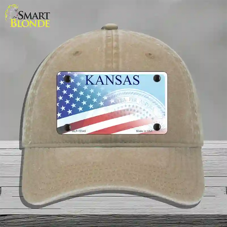 Kansas with American Flag Novelty License Plate Hat Unconstructed Cotton / Khaki