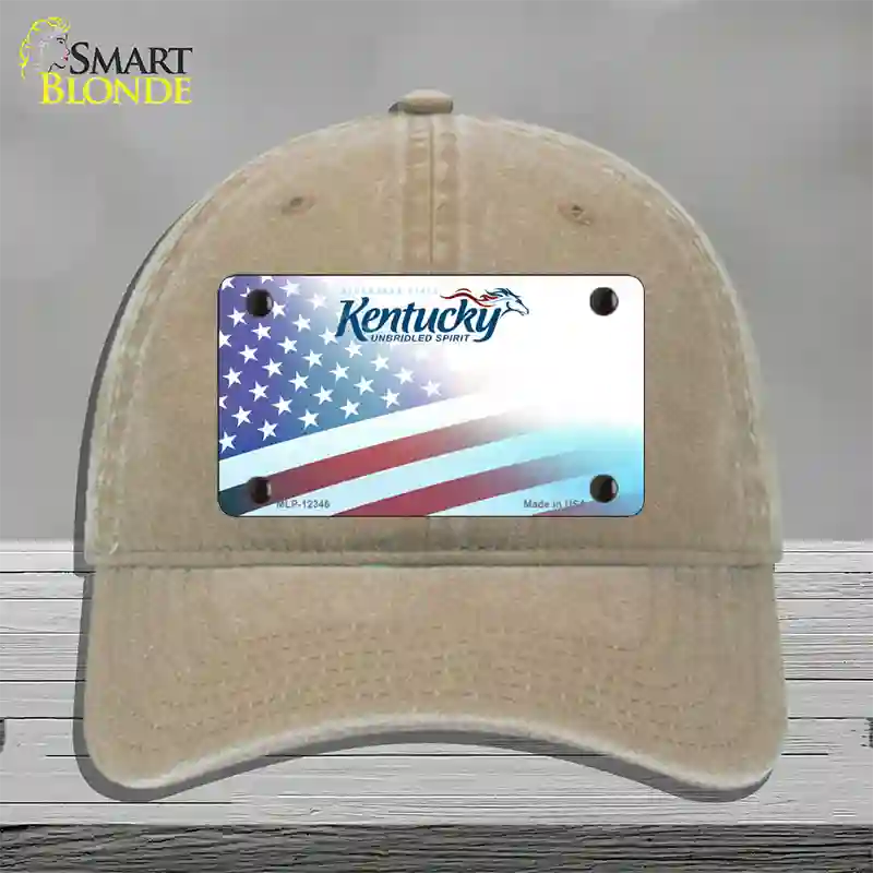 Kentucky with American Flag Novelty License Plate Hat Unconstructed Cotton / Khaki