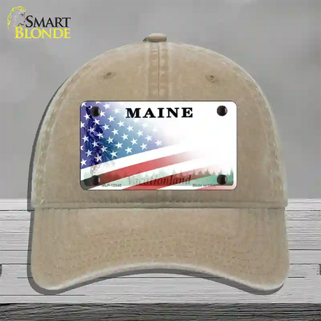 Maine with American Flag Novelty License Plate Hat Unconstructed Cotton / Khaki