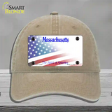 Massachusetts with American Flag Novelty License Plate Hat Unconstructed Cotton / Khaki