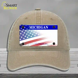 Michigan with American Flag Novelty License Plate Hat Unconstructed Cotton / Khaki