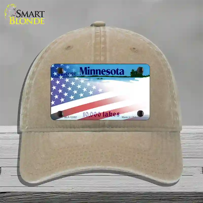 Minnesota with American Flag Novelty License Plate Hat Unconstructed Cotton / Khaki