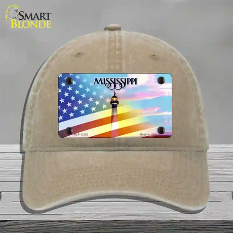 Mississippi with American Flag Novelty License Plate Hat Unconstructed Cotton / Khaki