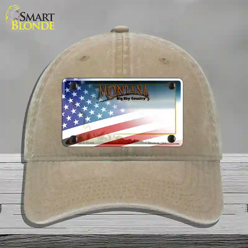 Montana with American Flag Novelty License Plate Hat Unconstructed Cotton / Khaki