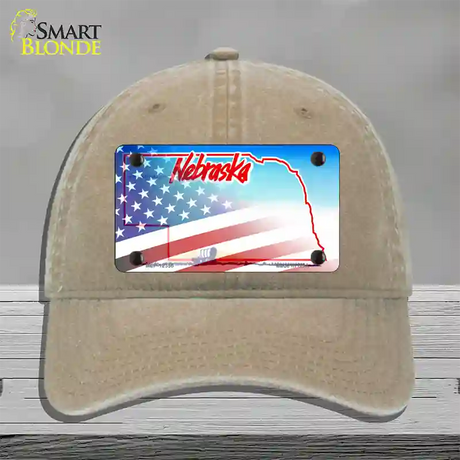 Nebraska with American Flag Novelty License Plate Hat Unconstructed Cotton / Khaki