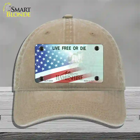 New Hampshire with American Flag Novelty License Plate Hat Unconstructed Cotton / Khaki