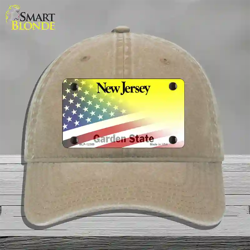 New Jersey with American Flag Novelty License Plate Hat Unconstructed Cotton / Khaki