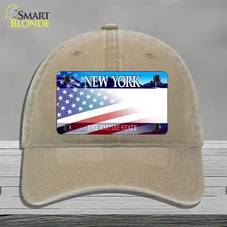 New York with American Flag Novelty License Plate Hat Unconstructed Cotton / Khaki