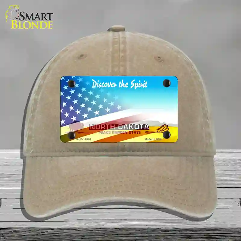 North Dakota with American Flag Novelty License Plate Hat Unconstructed Cotton / Khaki