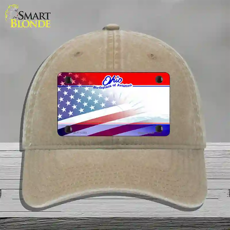 Ohio with American Flag Novelty License Plate Hat Unconstructed Cotton / Khaki