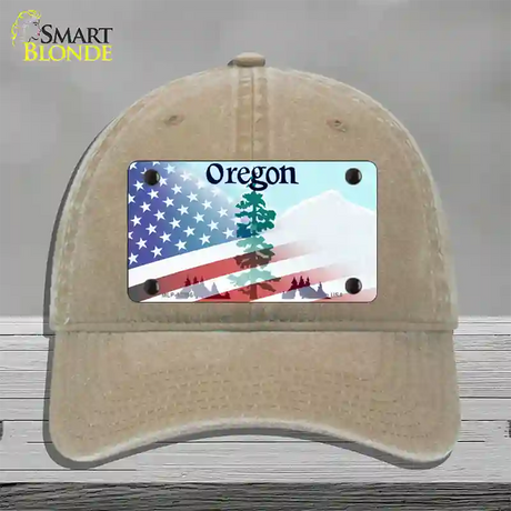 Oregon with American Flag Novelty License Plate Hat Unconstructed Cotton / Khaki