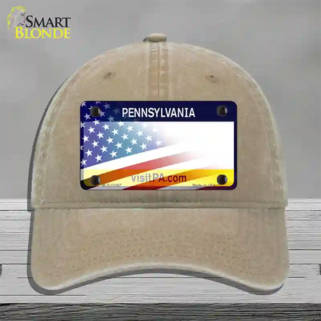 Pennsylvania with American Flag Novelty License Plate Hat Unconstructed Cotton / Khaki