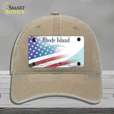 Rhode Island with American Flag Novelty License Plate Hat Unconstructed Cotton / Khaki