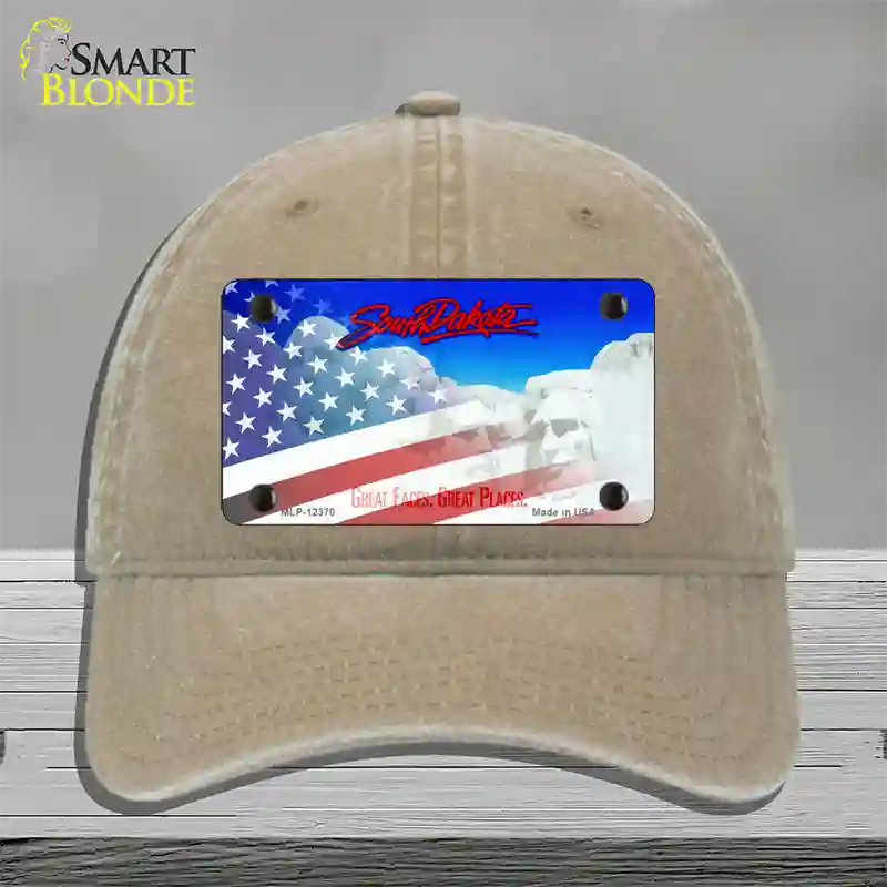 South Dakota with American Flag Novelty License Plate Hat Unconstructed Cotton / Khaki