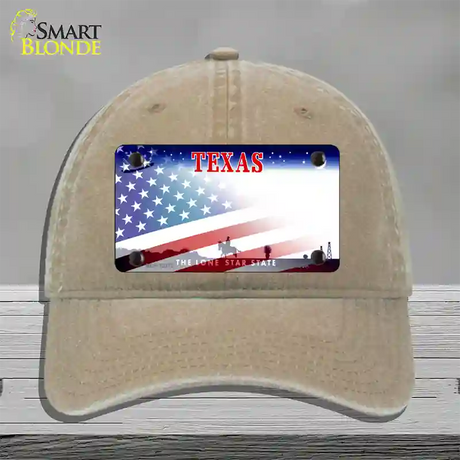 Texas with American Flag Novelty License Plate Hat Unconstructed Cotton / Khaki