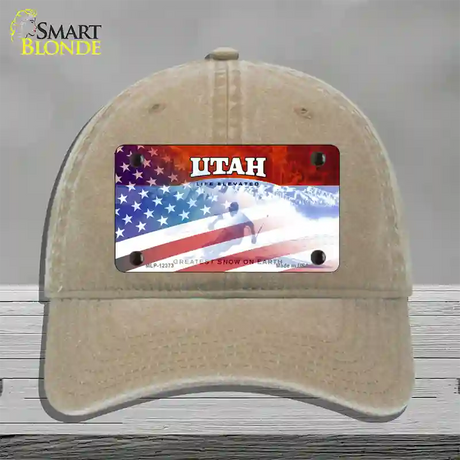 Utah with American Flag Novelty License Plate Hat Unconstructed Cotton / Khaki