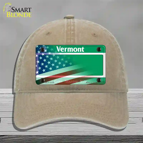 Vermont with American Flag Novelty License Plate Hat Unconstructed Cotton / Khaki